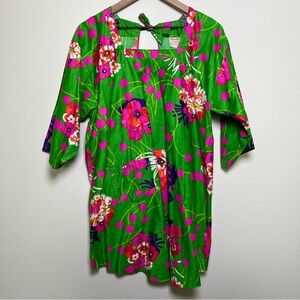 VTG 60s Design House Women Smock Dress Green Pink Half Sleeve Hibiscus Groovy‎
